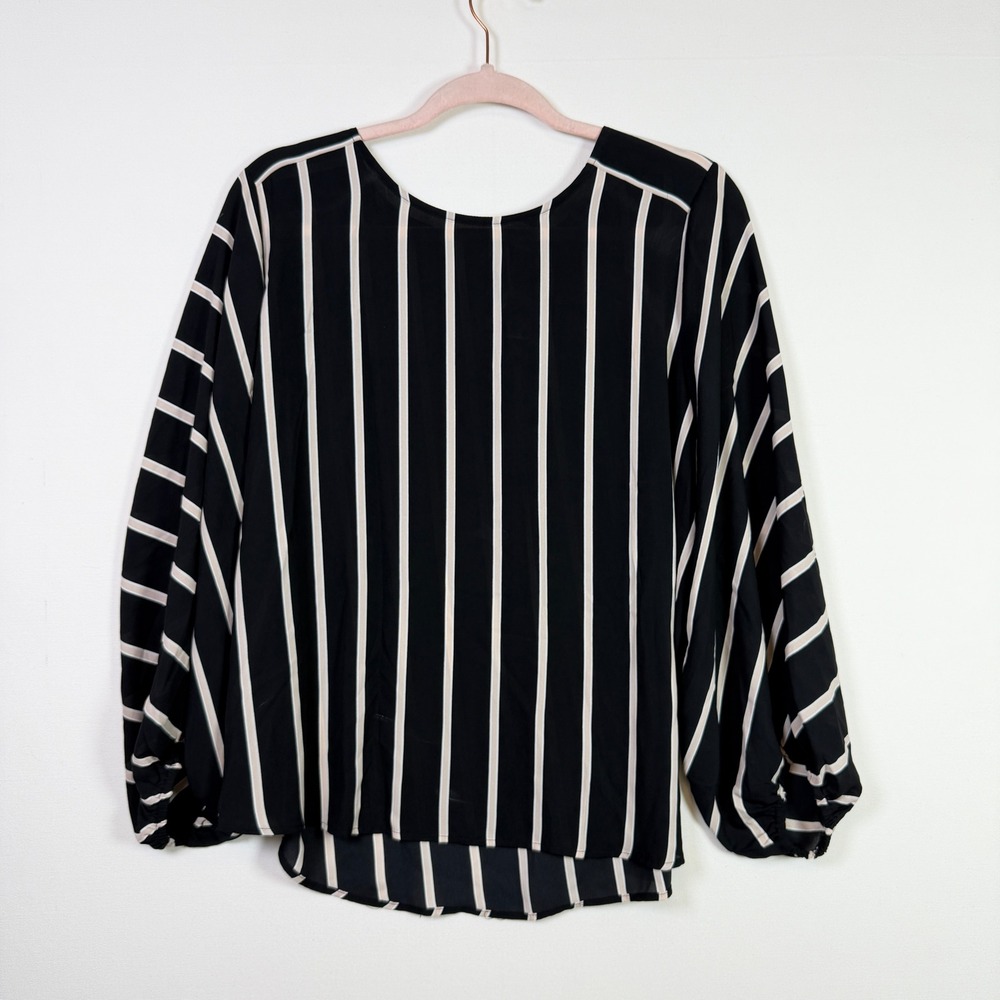 LOFT Black Striped Balloon Sleeve Keyhole Back Blouse LP